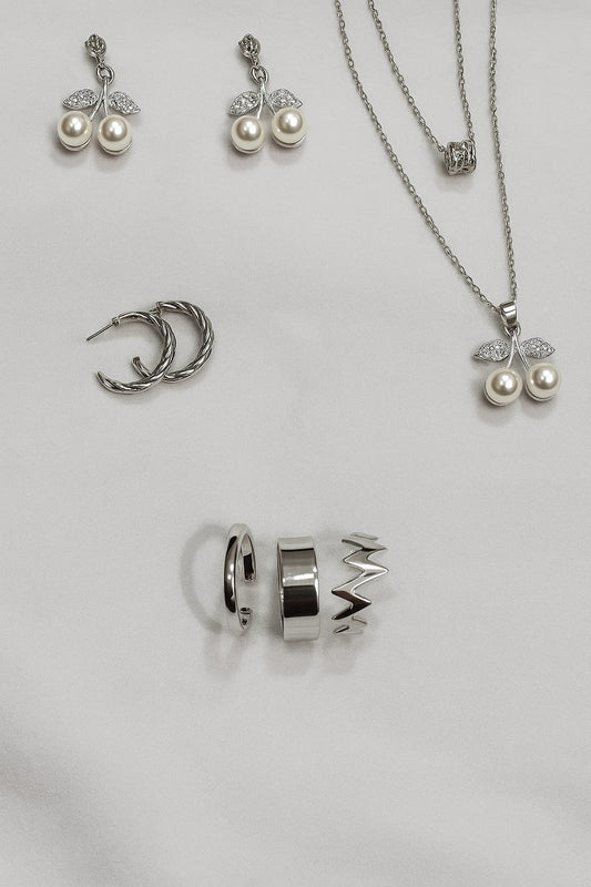 Chic Silver-Tone Jewelry Set with Pearl Cherry & Modern Hoops – 5 Pieces