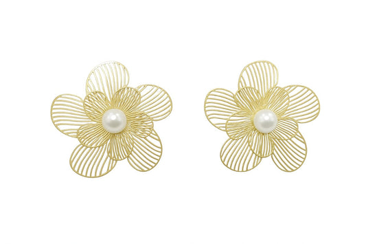 Gold Floral Wire Earrings with Pearl Center – Elegant Statement Jewelry