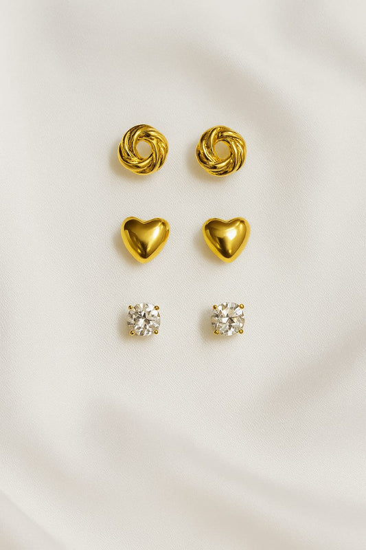 Timeless Charm – Gold & Crystal Stud Earring Set (Pack of 3)