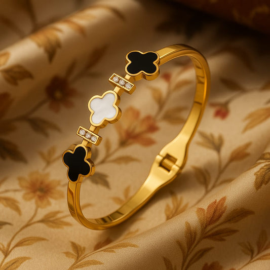Gold Clover Bracelet – Black & White Enamel with Crystal Accents