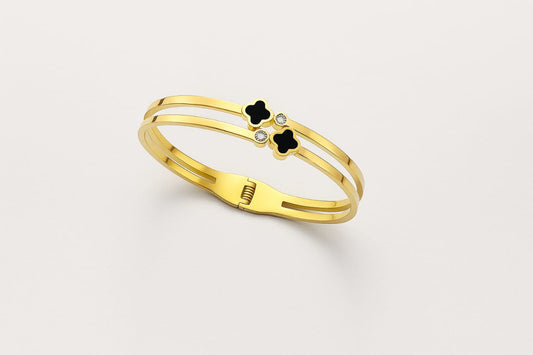 Elegant Black Clover Bracelet – Gold-Plated Double Band Bangle for Women