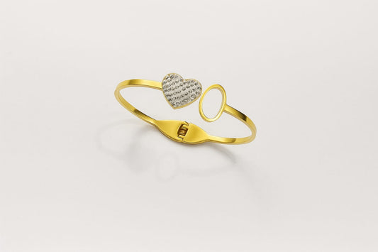 Elegant Gold Plated Heart & Oval Bangle Bracelet with Crystal Detailing – Stylish Women's Jewelry