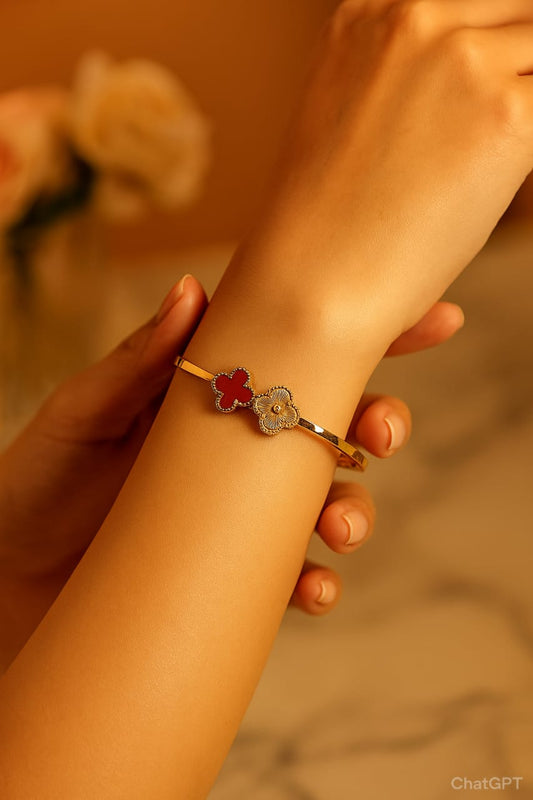 Floral Charm Gold Plated Bangle Bracelet – Dual Flower Design for Women