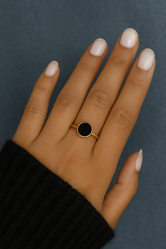 Elegant Black Enamel Gold Plated Ring – Minimalist Statement Jewelry for Women