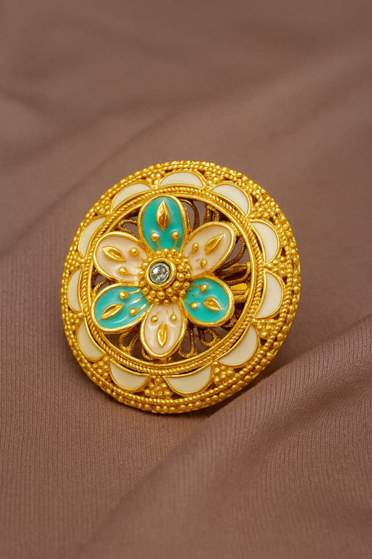 Turquoise & Cream Enamel Floral Statement Ring – Gold Plated Adjustable Ethnic Jewelry