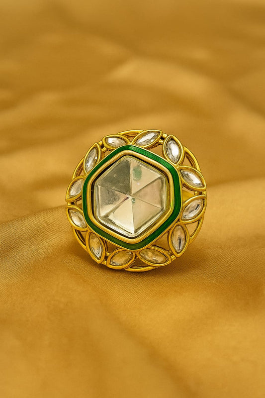 Elegant Green Enamel Kundan Statement Ring – Traditional Gold Plated Adjustable Jewelry