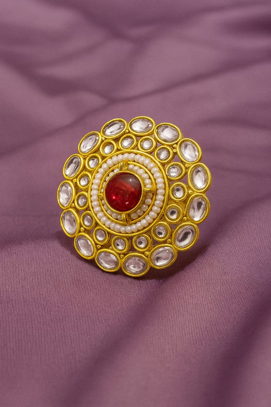 Red Stone & Pearl Kundan Statement Ring – Gold Plated Adjustable Ethnic Jewelry