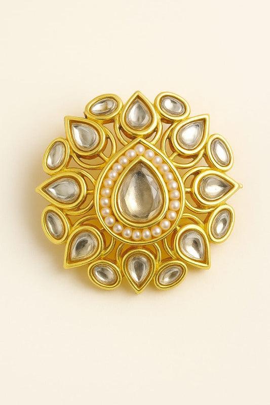 Pearl-Edged Kundan Statement Ring – Gold Plated Adjustable Ethnic Jewelry