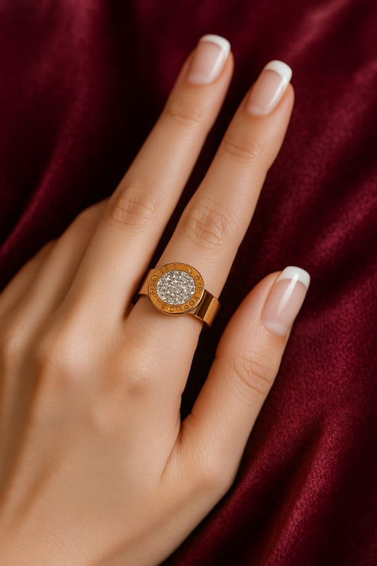 Gold Plated Crystal Encrusted Designer Ring – Modern Statement Jewelry for Women
