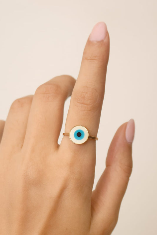 Gold Plated Evil Eye Protection Ring – Minimalist Blue Enamel Design