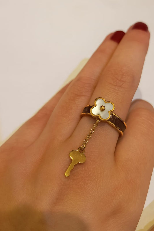 Gold Plated Clover & Key Charm Ring – Mother of Pearl Flower Accent