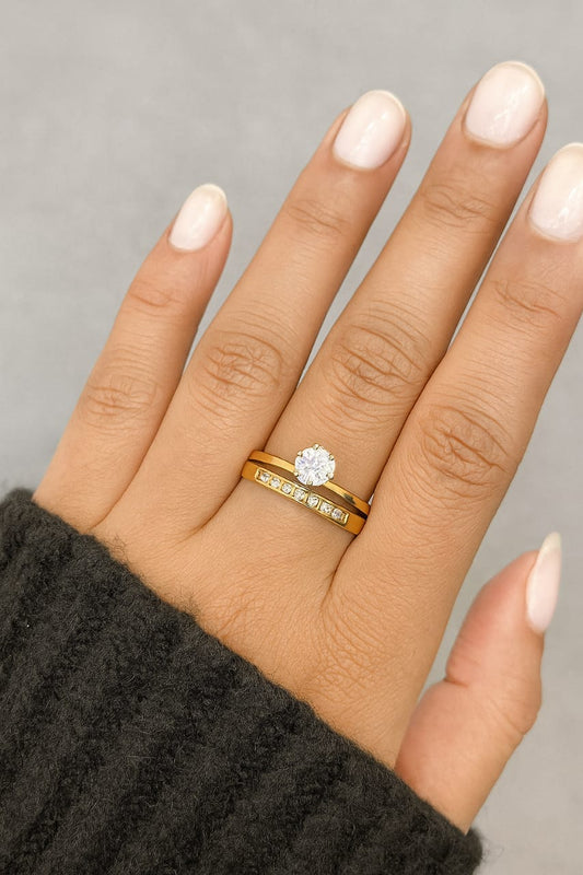 Gold-Plated Solitaire & Band Ring Set – Elegant Engagement & Wedding Jewelry