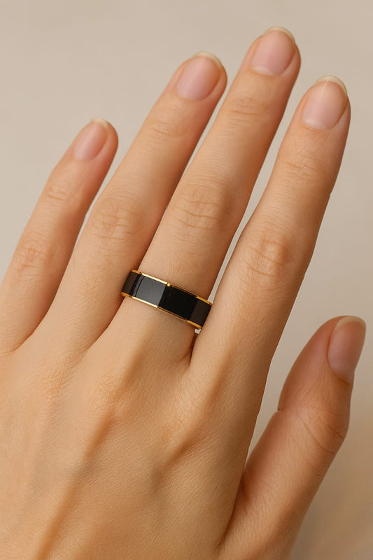 Sleek Black Enamel Gold Plated Band Ring – Modern Minimalist Jewelry for Women