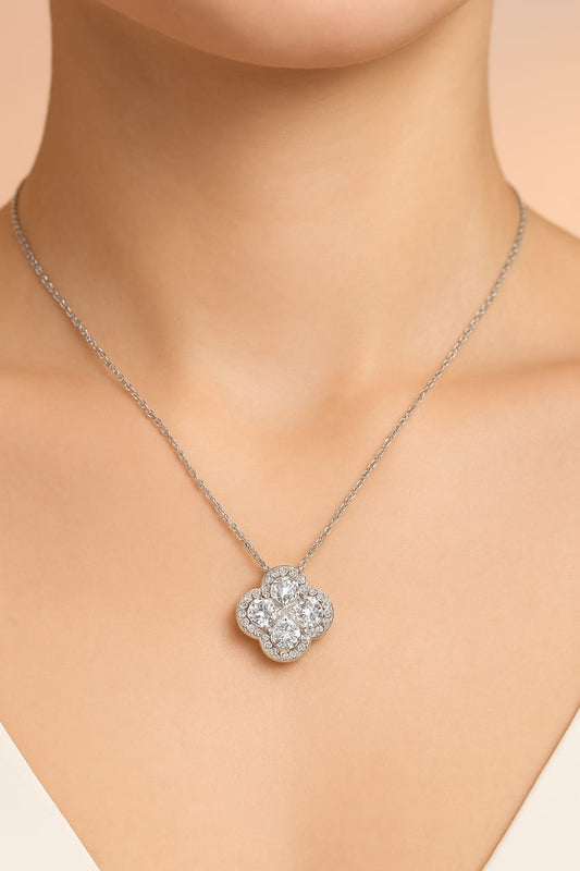 Sparkling Clover Diamond Pendant Necklace in Silver Finish
