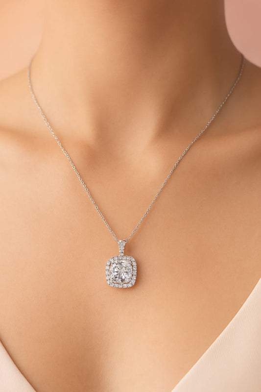 Classic Cushion-Cut Diamond Pendant Necklace in Silver Finish