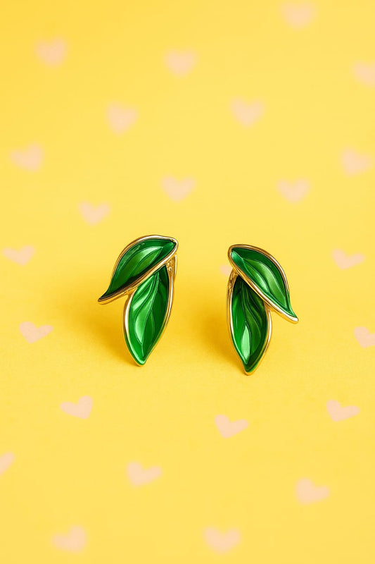 Green Leaf Stud Earrings – Nature-Inspired Gold Plated Jewelry