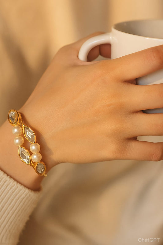 Gold Pearl & Stone Bracelet – Elegant Crystal & Pearl Bangle for Women