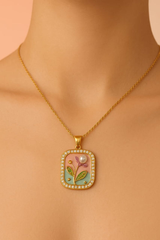 Elegant Floral Enamel Gold Pendant Necklace with Pearl