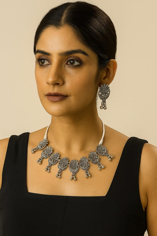 Oxidized Silver Peacock Motif Necklace Set with Earrings