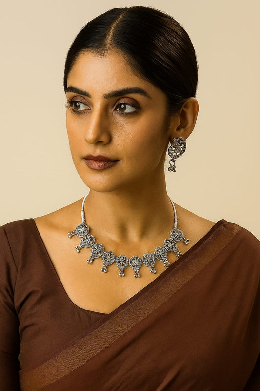 Oxidized Silver Necklace Set with Earrings – Tribal Ethnic Jewelry