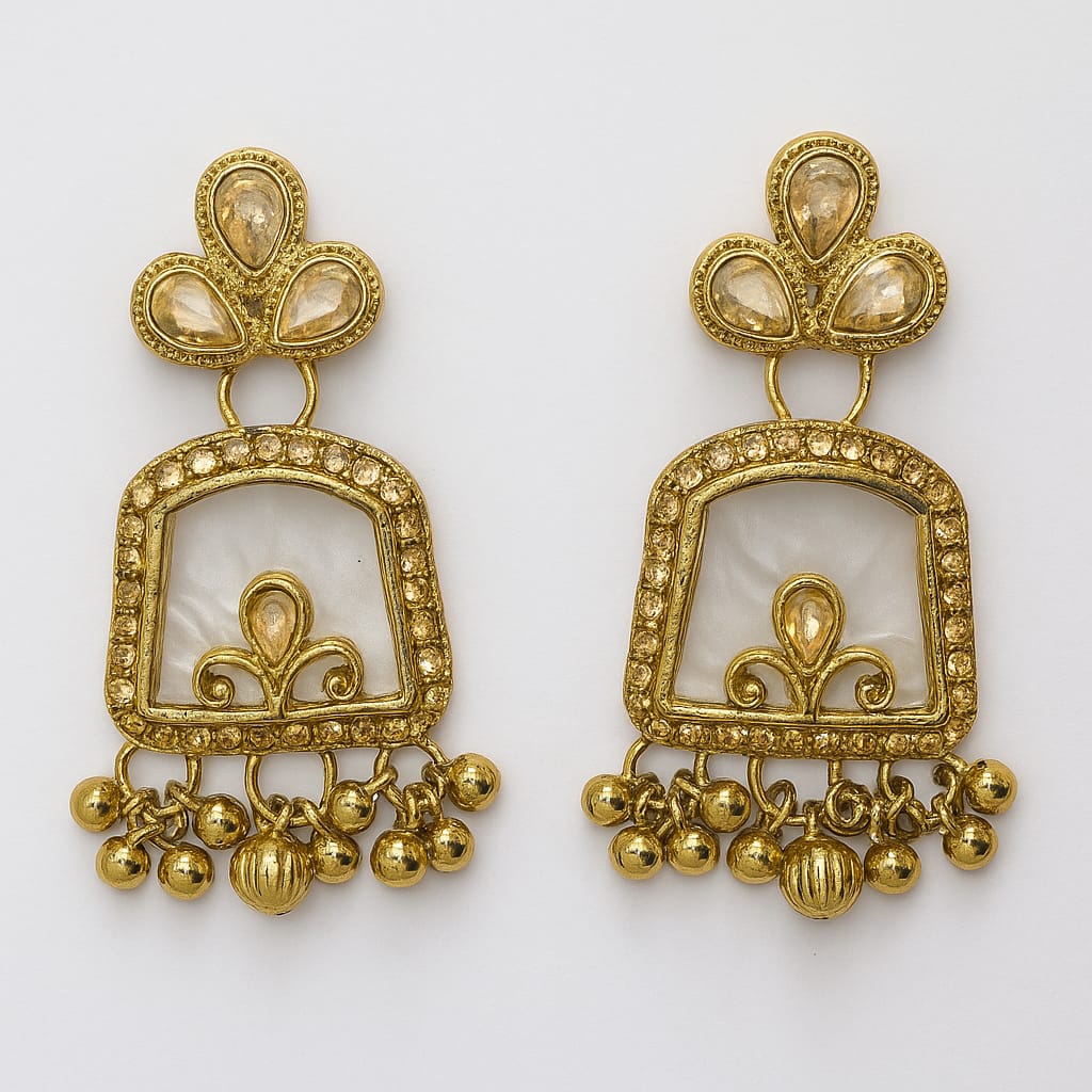 Gold Plated Kundan Square Drop Earrings with Beads – Traditional Ethnic Jewelry for Women