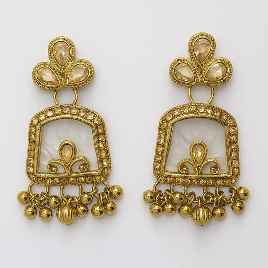 Gold Plated Kundan Square Drop Earrings with Beads – Traditional Ethnic Jewelry for Women