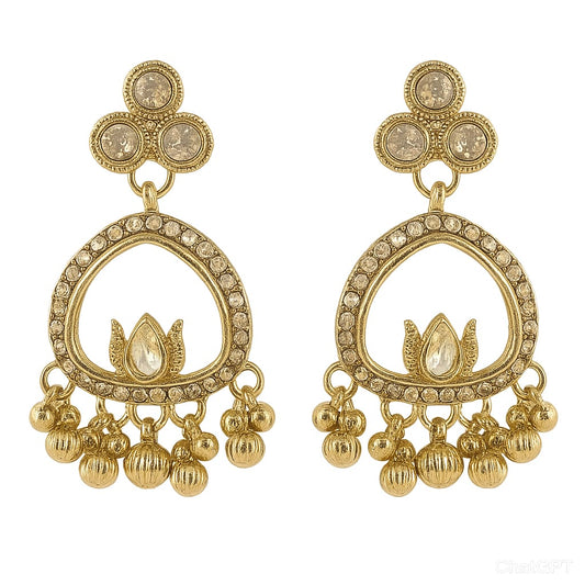 Gold Plated Kundan Lotus Drop Earrings with Beads – Traditional Ethnic Jewelry for Women