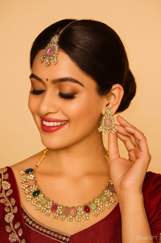 Traditional Kundan Necklace Set with Maang Tikka & Earrings