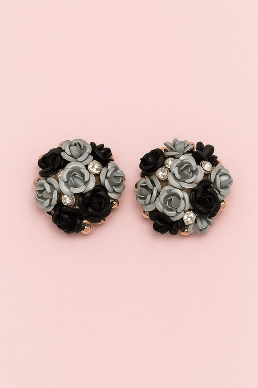 Black & Grey Rose Floral Stud Earrings with Sparkling Stones
