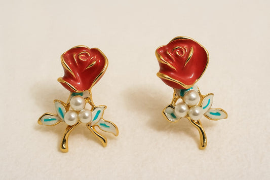 Red Rose & Pearl Stud Earrings – Romantic Floral Jewelry for Women
