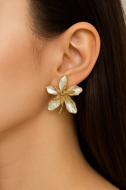 Statement Floral Pearl Petal Earrings | Gold-Plated Bloom Studs by BBJewels