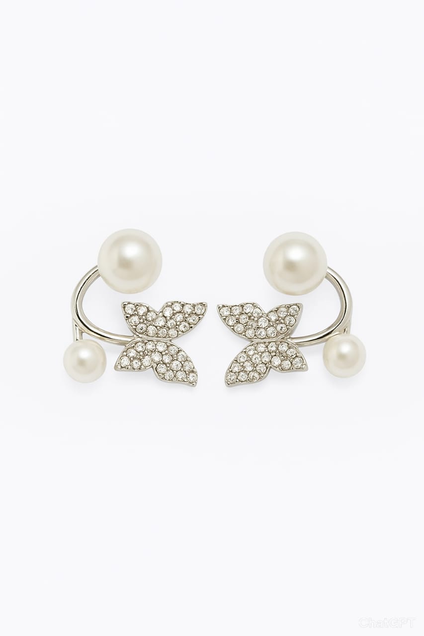 Pearl & Crystal Butterfly Earrings | Elegant Silver-Plated Studs by BBJewels