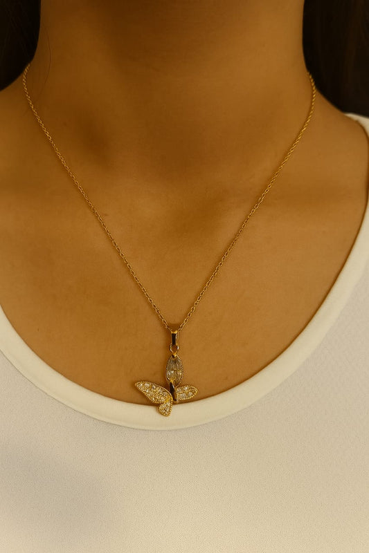 Gold Butterfly Pendant Necklace with Crystal Accents – Elegant Jewelry for Women