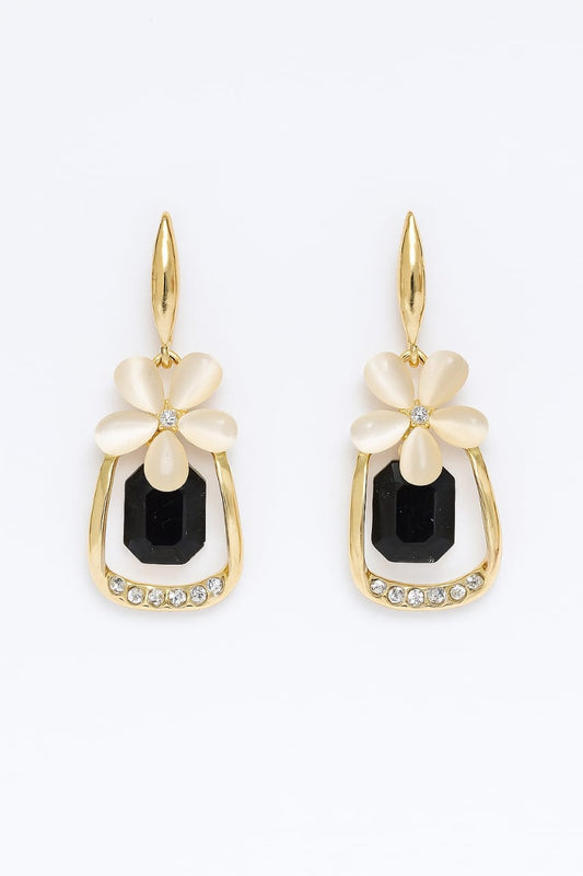 Gold Floral Drop Earrings with Black Stone & Crystals – Elegant Jewelry for Women