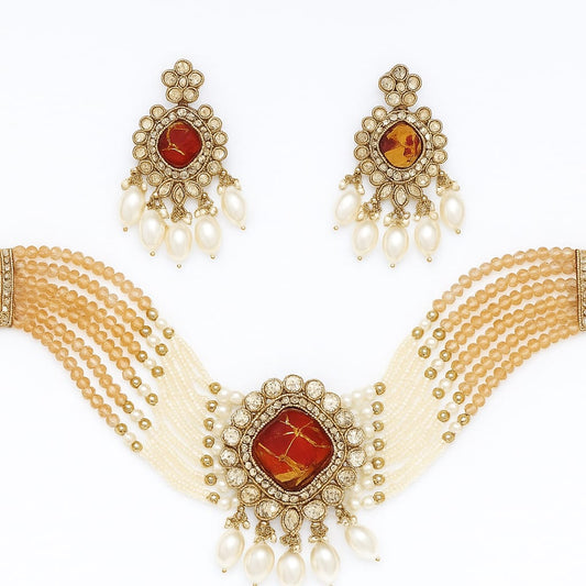 Elegant Kundan & Pearl Bridal Jewelry Set – Necklace with Matching Earrings