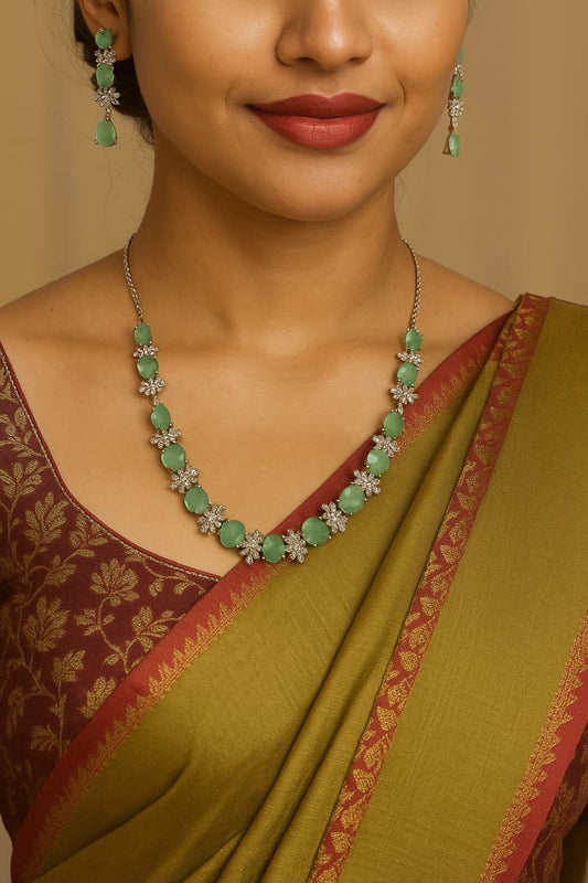 Elegant Green Stone Necklace & Earring Set – Premium Imitation Jewellery