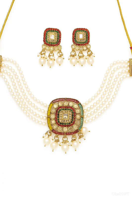 *Pearl Multi-Layer Necklace Set with Multicolor Stone Pendant & Earrings – Premium Imitation Jewellery
