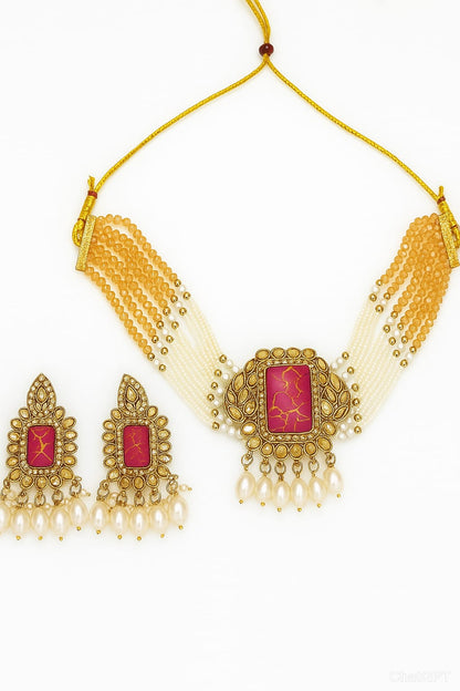 Pink Stone & Pearl Multi-Strand Necklace Set with Earrings – Premium Imitation Jewellery