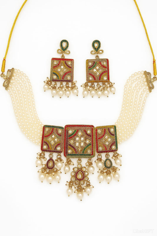 Traditional Kundan & Pearl Choker Necklace Set with Earrings – Premium Imitation Jewellery