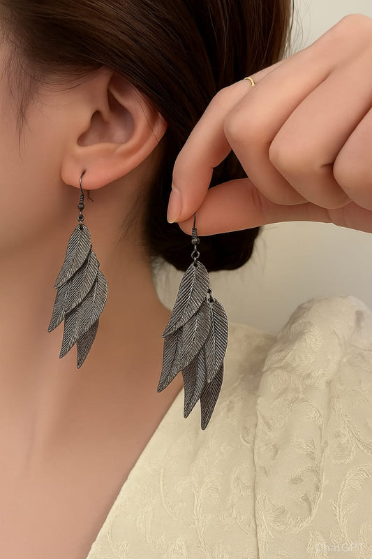Oxidized Feather Drop Earrings – Boho Statement Jewelry for Women