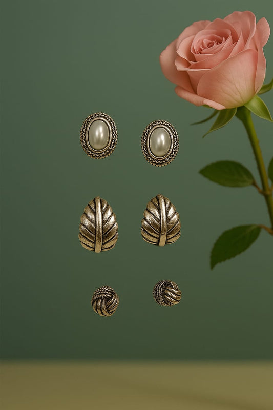 Vintage Stud Earrings Set – Pearl, Leaf & Knot Design | Bold & Beauty Jewels