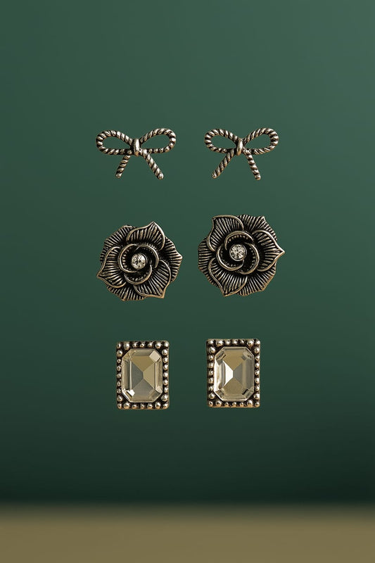 Vintage-Inspired Stud Earrings Set – Bow, Floral & Geometric Designs
