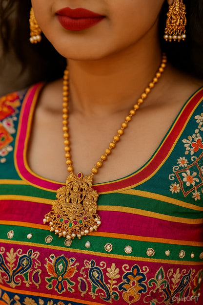 Traditional Temple Jewelry Gold-Plated Lakshmi Pendant Necklace with Beads & Pearls