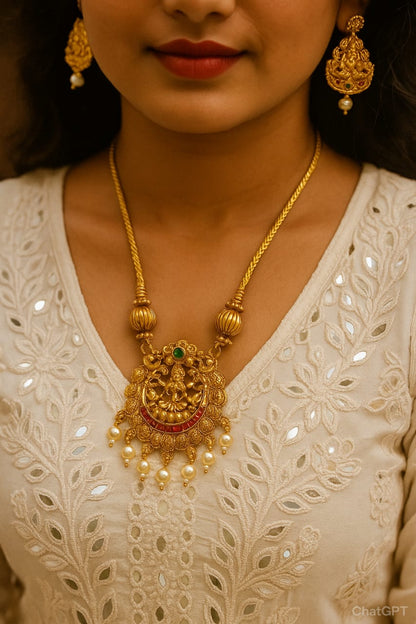 Traditional Temple Jewelry Lakshmi Gold-Plated Pendant Necklace with Pearls & Stones