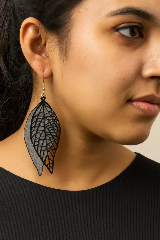 Leaf Design Black & Silver Statement Earrings – Lightweight Dangle Jewelry