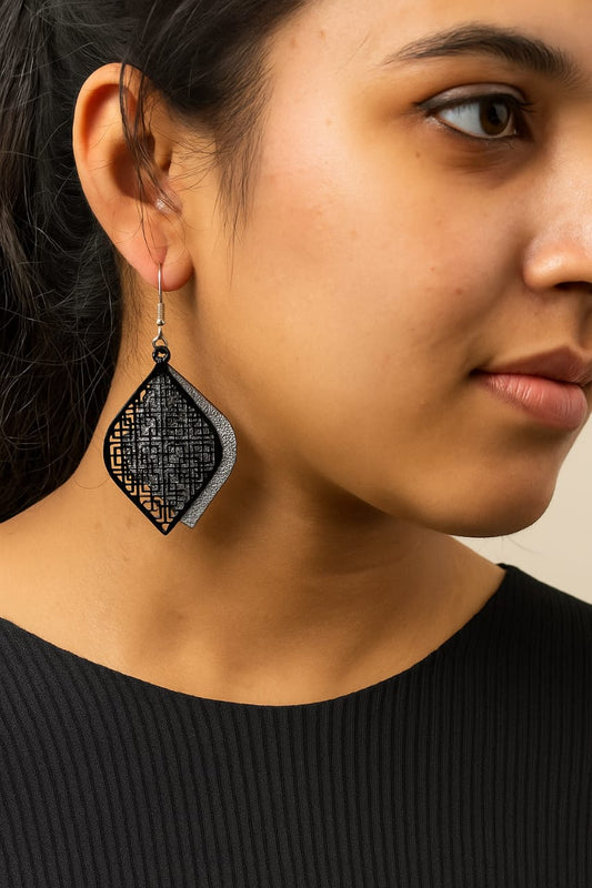 Geometric Black & Silver Statement Earrings – Modern Drop Design