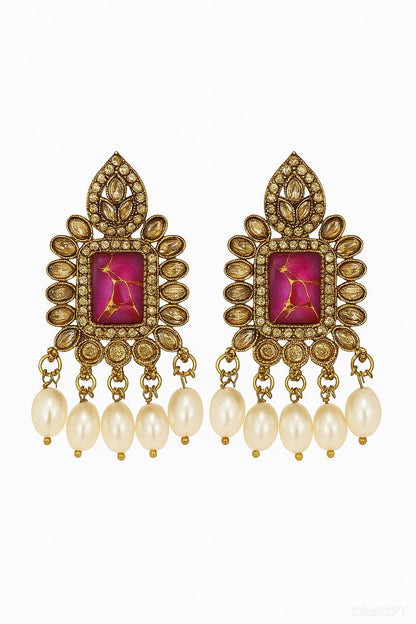 Pink Stone & Pearl Multi-Strand Necklace Set with Earrings – Premium Imitation Jewellery