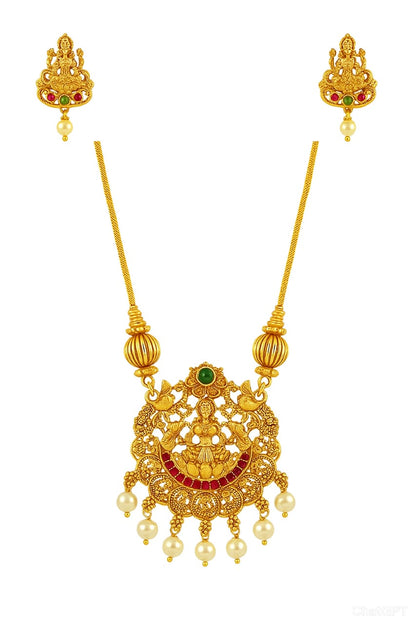 Traditional Temple Jewelry Lakshmi Gold-Plated Pendant Necklace with Pearls & Stones