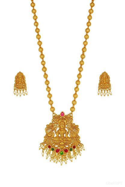 Traditional Temple Jewelry Gold-Plated Lakshmi Pendant Necklace with Beads & Pearls